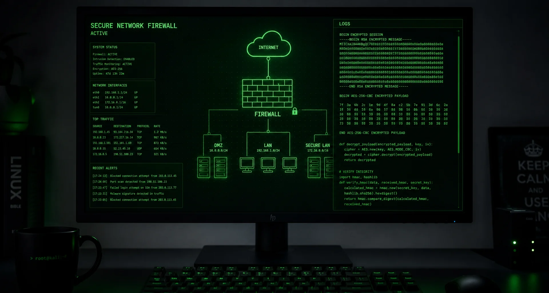 Abstract digital network lines and connected nodes on a dark technical background